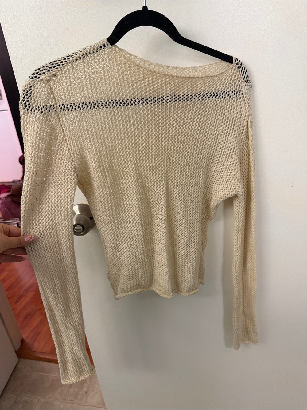 Boho Light Cream Open-Knit Long Sleeve Women's Sweater